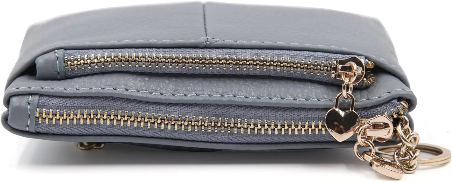 ZOOEASS Women Genuine Leather Zip Mini Coin Purse With Key Ring Triple Zipper Card Holder Wallet