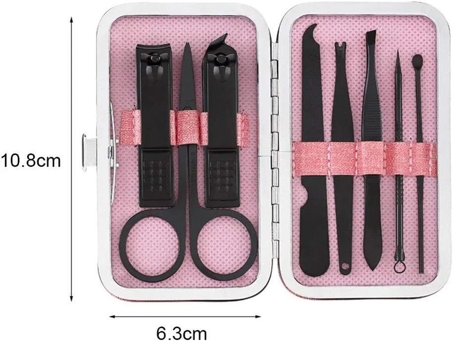 ZXD ZHEXUNDIAN Mini Nail Care Kit 8pcs Stainless Steel Pedicure Manicure Set Nail Clippers Scissors Ear Pick Acne Needle Traveling Grooming Kit (Color : Black)